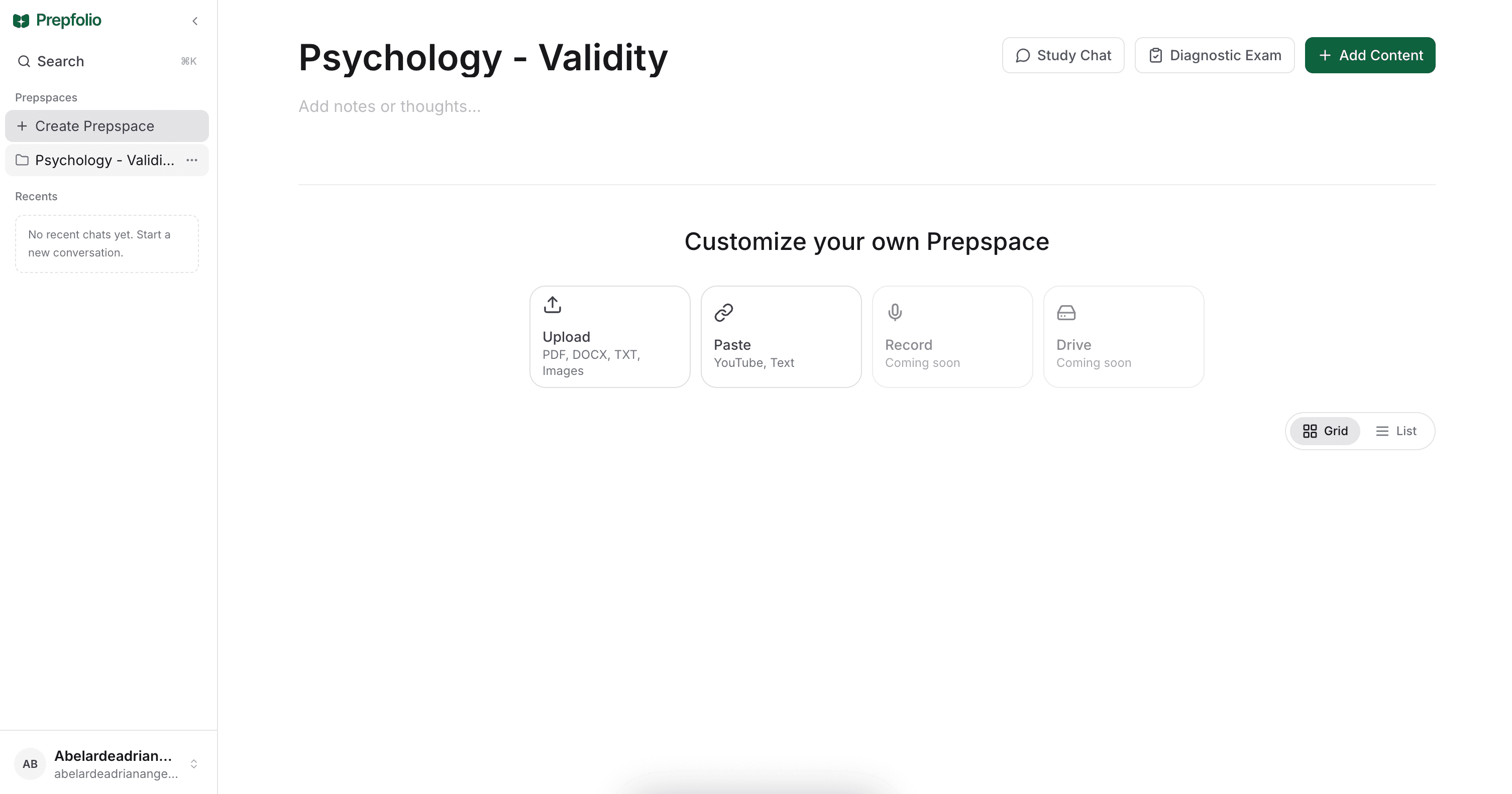 Prepfolio study workspace interface